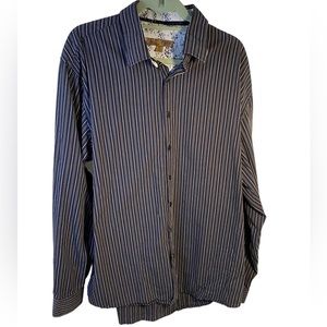 BLUE Pronto Striped Button Down with Floral cuffs size 2XL 100% Cotton
